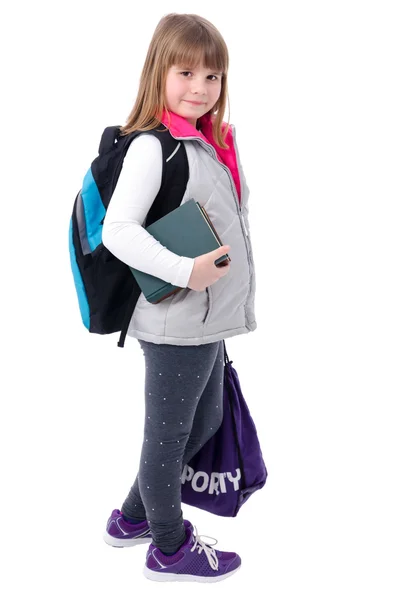 Roztomilá dívka s vybavením školy — Stock fotografie
