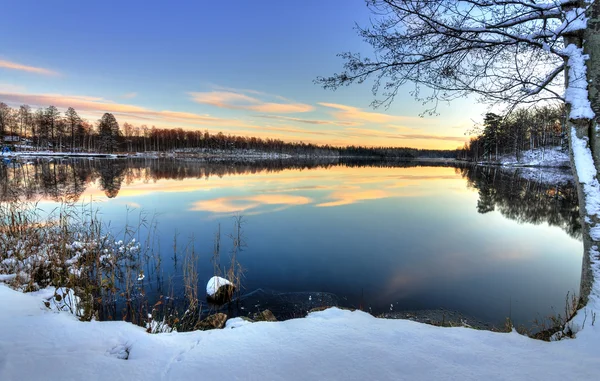 Swedish lake sunset in firs winter season — Stock Photo, Image