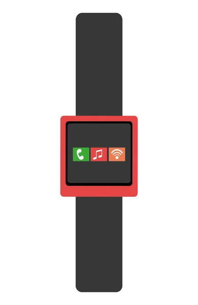 Černé hodinky s červeným rámečkem a ikonou média, vektorová grafika — Stockový vektor
