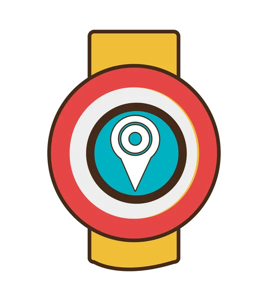 Red and yellow watch with location icon on the screen, vector gr — стоковый вектор