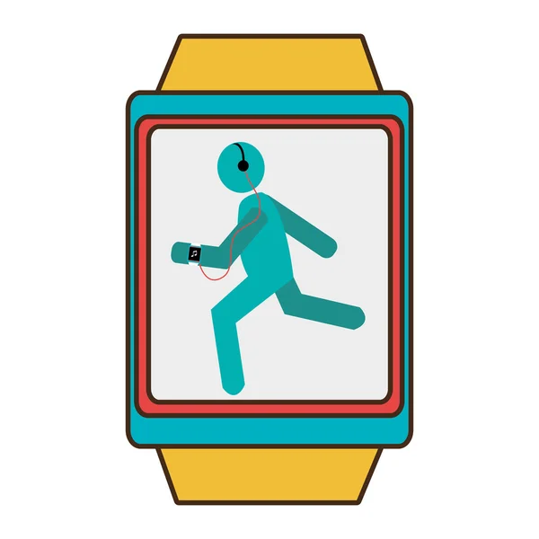 Yellow square watch with cartoon human working out, vector graph — 图库矢量图片