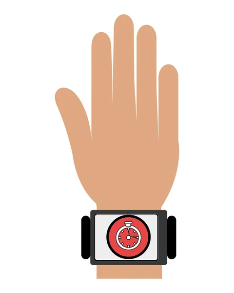 Mano humana con reloj cuadrado y el icono de los medios, gráfico vectorial — Vector de stock