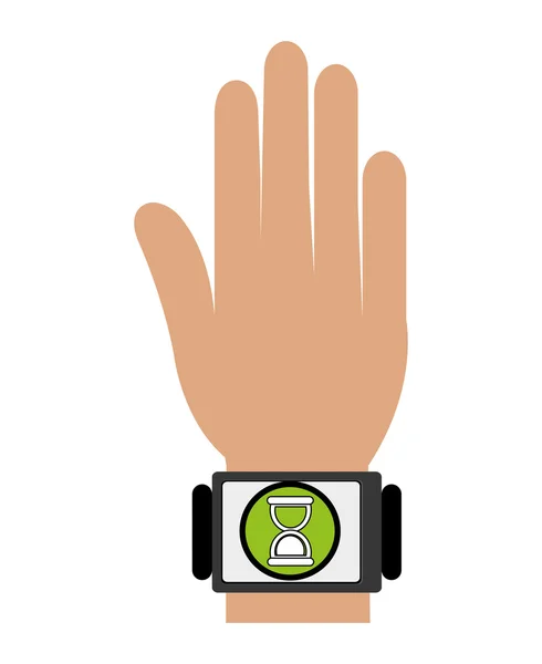 Mano humana con reloj cuadrado y el icono de los medios, gráfico vectorial — Vector de stock