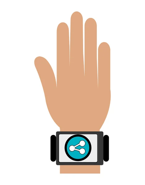 Mano humana con reloj cuadrado y el icono de los medios, gráfico vectorial — Vector de stock