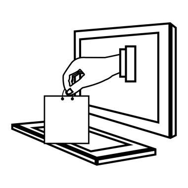 elektronik cihaz ekranı ve humand el alışveriş çantası, vektör gra