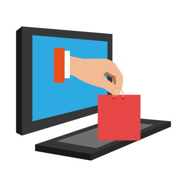 elektronik cihaz ekranı ve insan el alışveriş çantası, vektör grap