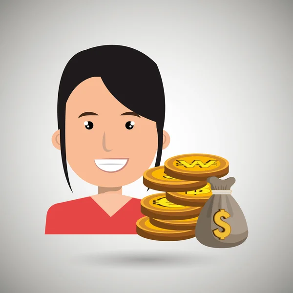 Mujer con monedas de bolsa — Vector de stock