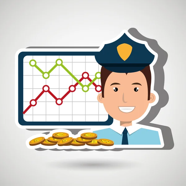 Polícia com estatísticas gráficas e moedas design de ícone isolado — Vetor de Stock