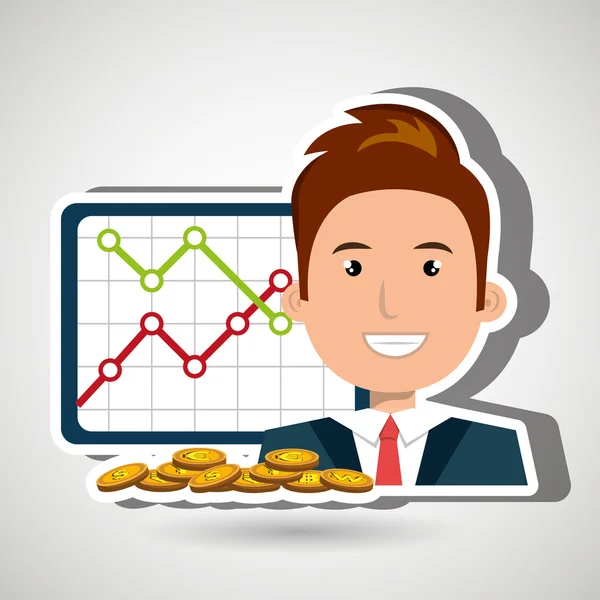 Uomo con grafica statistica e conio di monete isolate — Vettoriale Stock