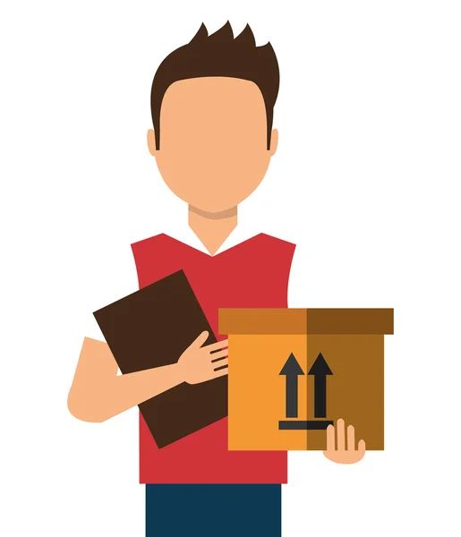 Courier with a box and a document in her hands, cartoon design. — Stock Vector