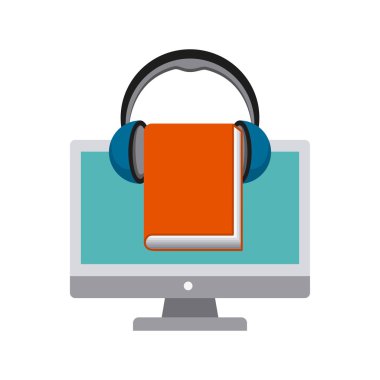 Bilgisayar, Kitap ve Kulaklık simgesi. Sesli kitap tasarımı. Vektör gra