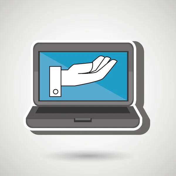 Computer portatile con mano blu isolato icona design — Vettoriale Stock