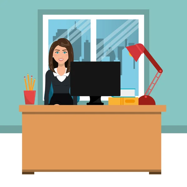 Affärskvinna i arbetsytan isolerade ikon design — Stock vektor