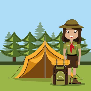 izci karakteri ile seyahat çanta izole simgesi tasarım