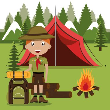 izci karakteri ile seyahat çanta izole simgesi tasarım