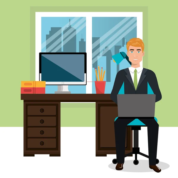 Homme d'affaires dans l'espace de travail icône isolée design — Image vectorielle