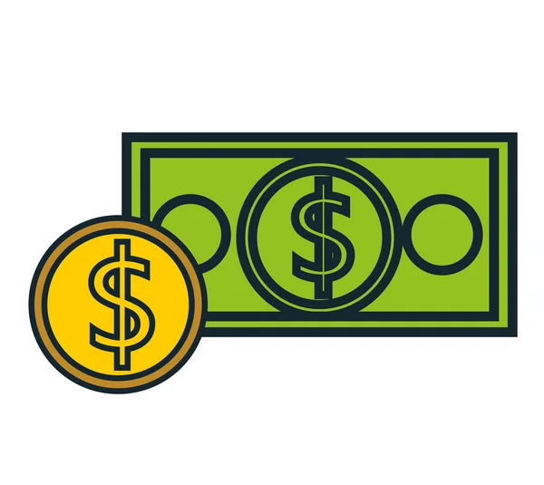 Dollar bill en munt geïsoleerd pictogram ontwerp — Stockvector