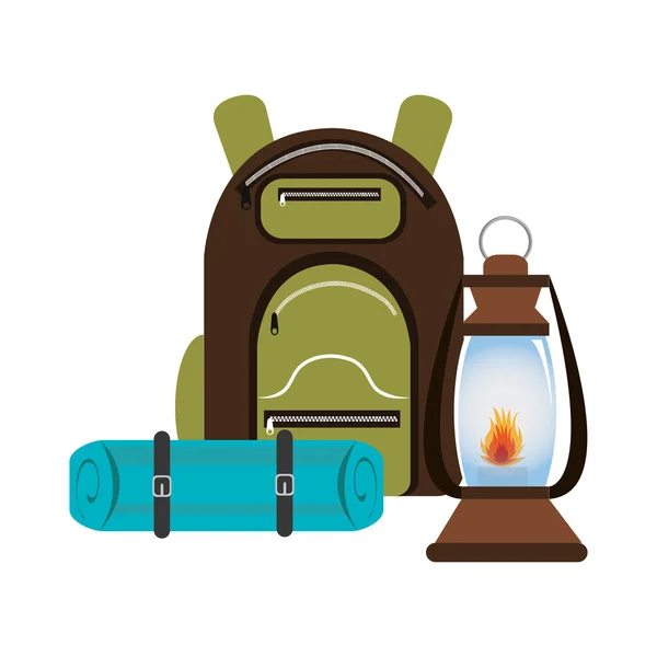 Sac de camping avec lampe isolée icône design — Image vectorielle