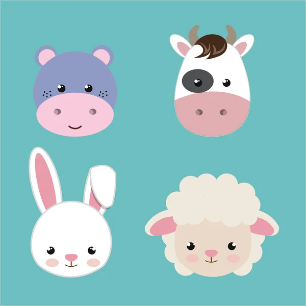 Lindo conjunto cabezas animales aislado icono de diseño — Vector de stock