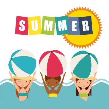 Kızlar ve top simgesi. Yaz ve tatil tasarımı. Vektör grafiği