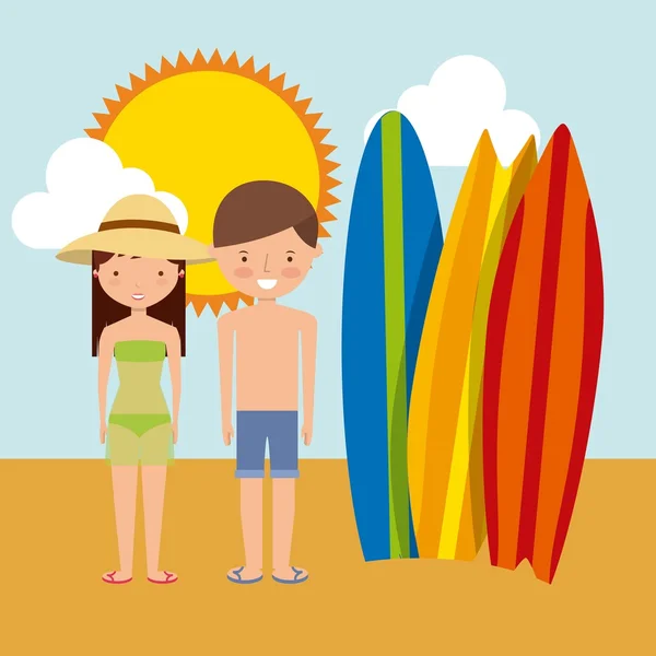 Prancha de surf casal desenho animado e ícone do sol. Design de verão. Vector gr — Vetor de Stock