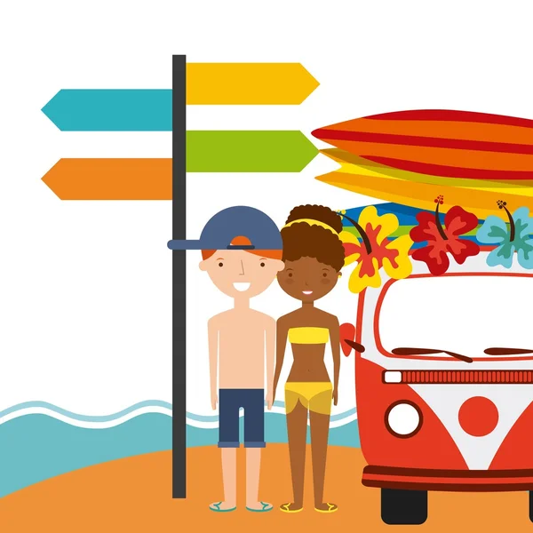 Surfbrett-Paar Cartoon und LKW-Ikone. Sommerdesign. Vektor — Stockvektor