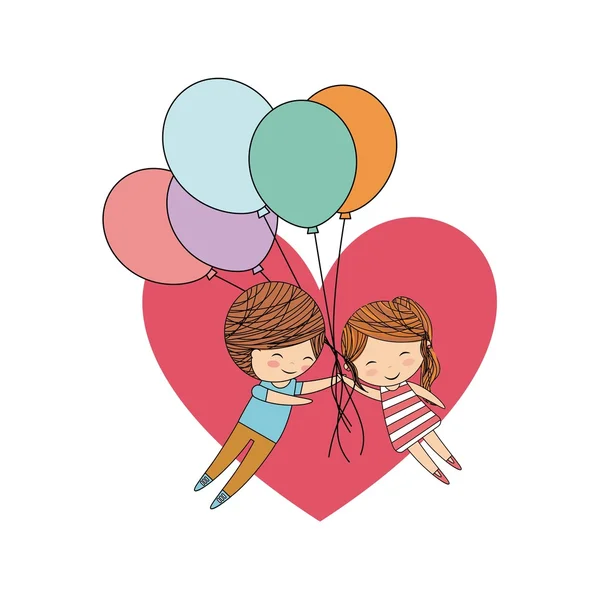 Pareja de niños dibujos animados corazón y globos icono. Gráfico vectorial — Archivo Imágenes Vectoriales