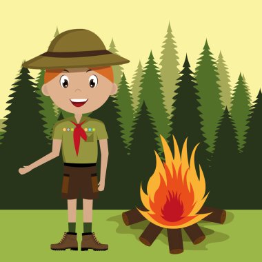 izci karakteri ile izole kamp ateşi simgesi tasarım