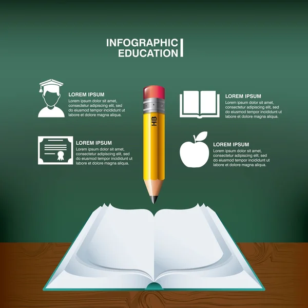 Set buku pensil dan ikon. Desain pendidikan infografis. Vektor g - Stok Vektor