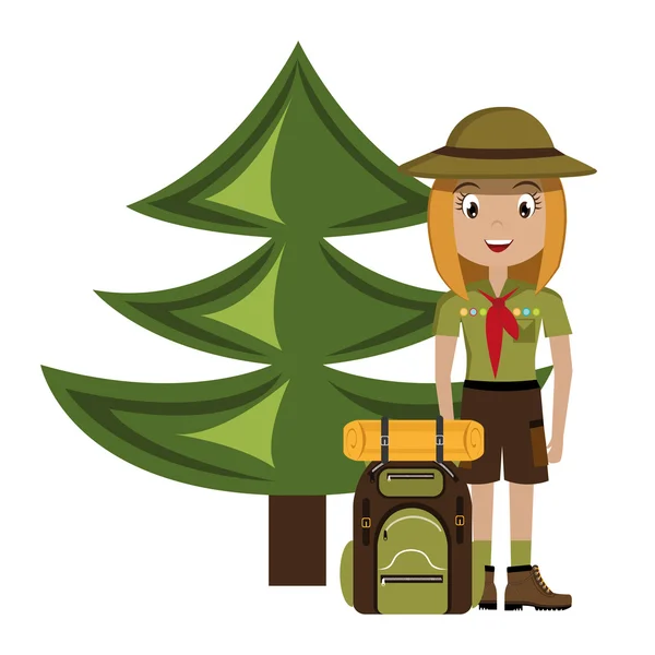 Personaje scout con bolsa de viaje diseño icono aislado — Vector de stock