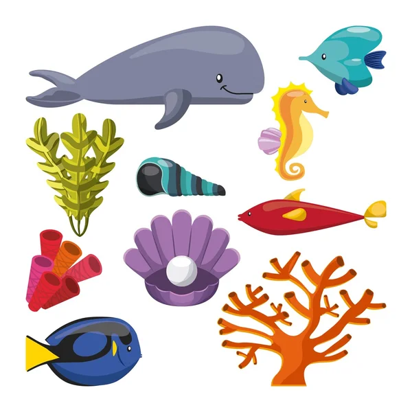 Algas coral peixe ostra casca de baleia e ícone do cavalo marinho. Vector g — Vetor de Stock