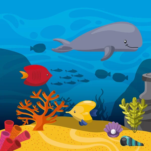 Halak, korallok és algák ikonra. Tengeri élet tervezése. Vektorgrafika — Stock Vector