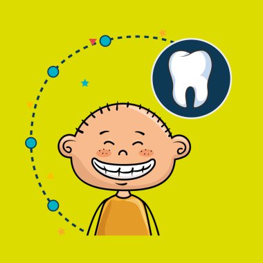 bir diş simgesi ile gülümseyen küçük çizgi film çocuk