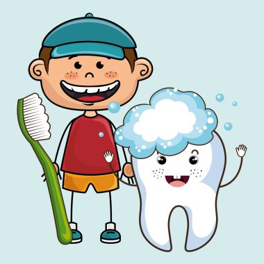 mutlu gülümseyerek çizgi film çocuk wth bir tootbrush ve bir büyük diş