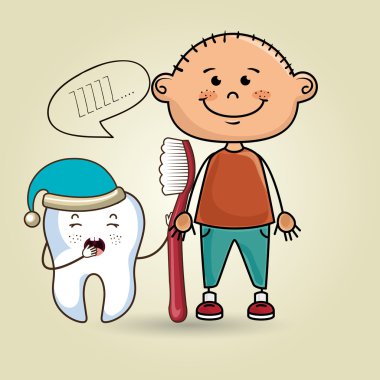 bir diş fırçası ve uykulu bir diş ile gülümseyen karikatür çocuk