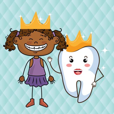 karikatür kız ve diş mavi bir arka plan üzerinde bir taç wering