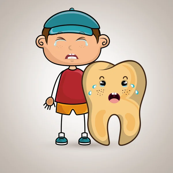 Плаче мультяшний хлопчик і зуб за зубний біль — стоковий вектор