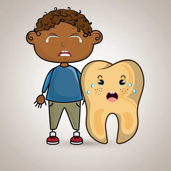 哭泣的一个男孩和一颗牙齿牙疼的卡通 — 图库矢量图片