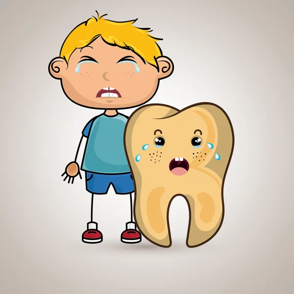 Crying cartoon of a boy and a tooth with a toothache — Stock Vector