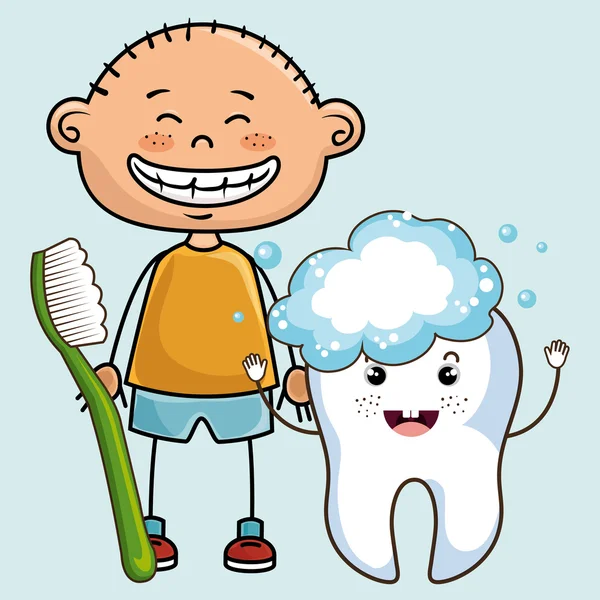 Sorrindo criança dos desenhos animados com escova de dentes e dente de desenho animado grande, den — Vetor de Stock
