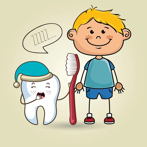 Χαμογελαστή παιδί καρτούν με οδοντόβουρτσα και νυσταγμένο δόντι — Διανυσματικό Αρχείο