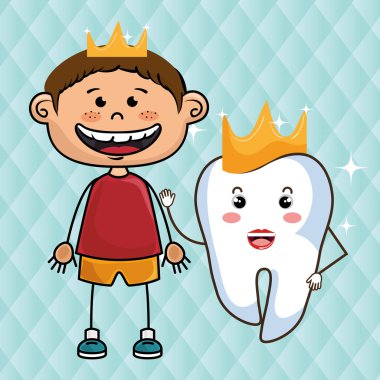 mavi bir arka plan üzerinde taçlar ile karikatür çocuk ve diş