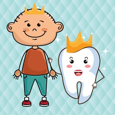 mavi bir arka plan üzerinde taçlar ile karikatür çocuk ve diş