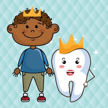 mavi bir arka plan üzerinde taçlar ile karikatür çocuk ve diş