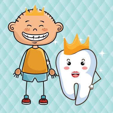 mavi bir arka plan üzerinde taçlar ile karikatür çocuk ve diş