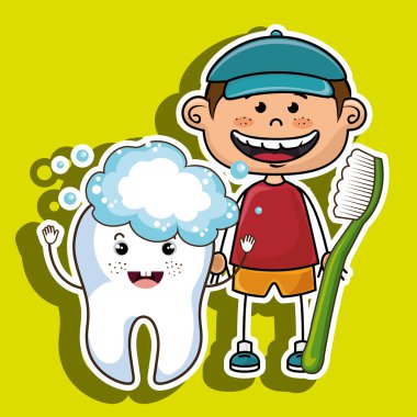 mutlu gülümseyerek çizgi film çocuk wth bir tootbrush ve bir büyük diş