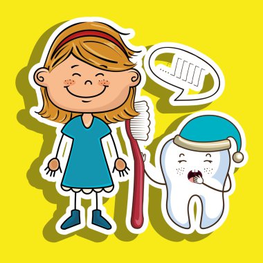 diş fırçası ve bir karikatür uykulu diş tutan karikatür kız
