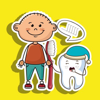bir diş fırçası ve uykulu bir diş ile gülümseyen karikatür çocuk