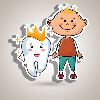 mavi bir arka plan üzerinde taçlar ile karikatür çocuk ve diş