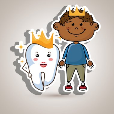 mavi bir arka plan üzerinde taçlar ile karikatür çocuk ve diş